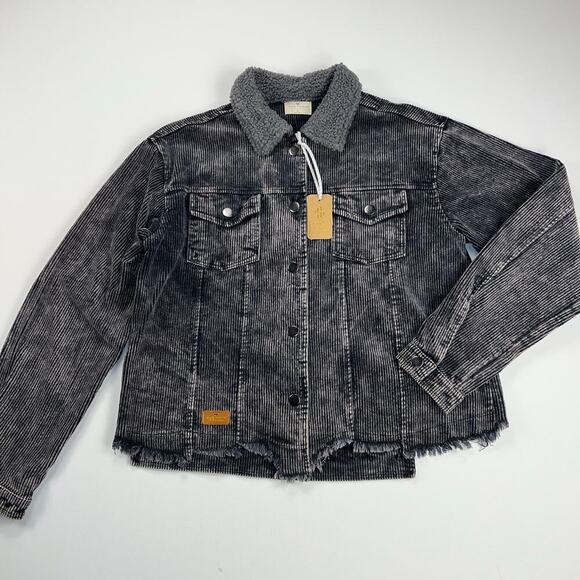 Simply Southern Gray Acid Wash Corduroy Jacket Sherpa Collar Distressed Size L - Picture 4 of 13